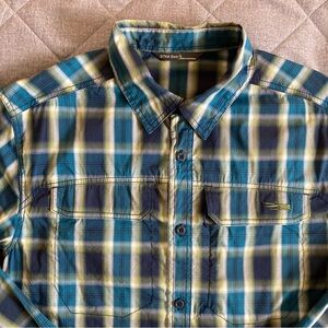 Sitka Gear Globetrotter Shirt Mens Large Blue Green Plaid Long Sleeve Button Up